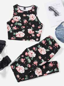 SHEIN Unity Floral Print Tank Top & Leggings - Multicolor - View 1