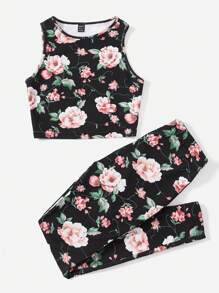 SHEIN Unity Floral Print Tank Top & Leggings - Multicolor - View 3