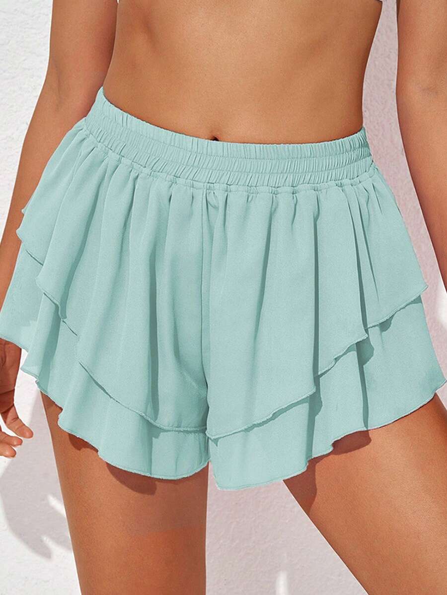 Ruffle Hem Wide Leg Shorts - Mint Green - View 1