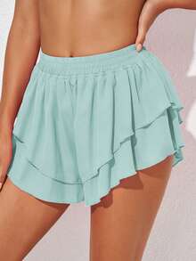 Ruffle Hem Wide Leg Shorts - Mint Green - View 4