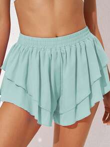 Ruffle Hem Wide Leg Shorts - Mint Green - View 5