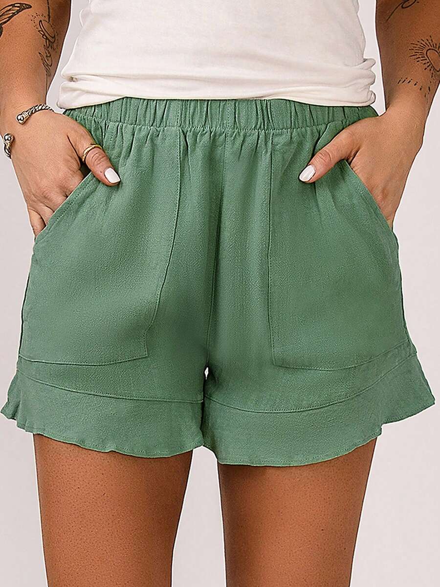 Quần đùi nữ Túi Viên lá sen màu trơn Giải trí - màu xanh lá - Xem 1