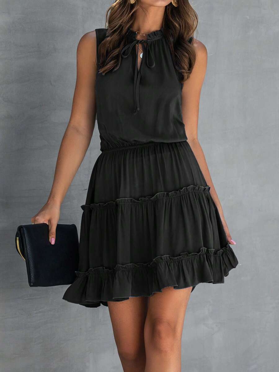 SHEIN Privé Đầm viền lá sen Viên lá sen Thắt nơ trước màu trơn Giải trí - màu đen - Xem 1