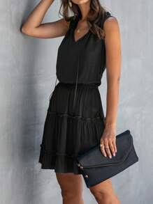 SHEIN Privé Đầm viền lá sen Viên lá sen Thắt nơ trước màu trơn Giải trí - màu đen - Xem 4