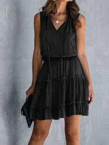 SHEIN Privé Đầm viền lá sen Viên lá sen Thắt nơ trước màu trơn Giải trí - màu đen - Xem 5