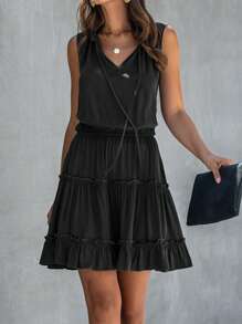 SHEIN Privé Đầm viền lá sen Viên lá sen Thắt nơ trước màu trơn Giải trí - màu đen - Xem 6