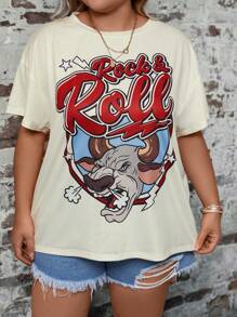 SHEIN LUNE 大碼字母和卡通圖案落肩T恤 - 米色 - 查看 3