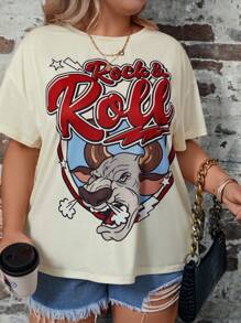 SHEIN LUNE 大碼字母和卡通圖案落肩T恤 - 米色 - 查看 4