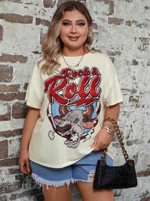 SHEIN LUNE 大碼字母和卡通圖案落肩T恤 - 米色 - 查看 5