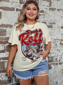 SHEIN LUNE 大碼字母和卡通圖案落肩T恤 - 米色 - 查看 6