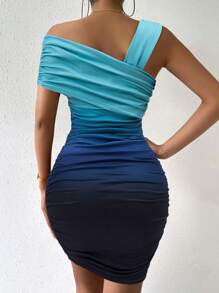 Chiquease Ombre Asymmetrical Neck Ruched Bodycon Dress - Teal Blue - View 2
