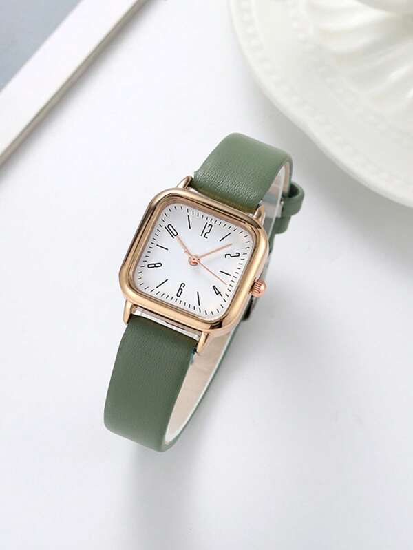 أخضر بولي يوريثين PU حزام أنيق مربع قرص كوارتز الى الحياة اليومية قطعة واحدة نساء