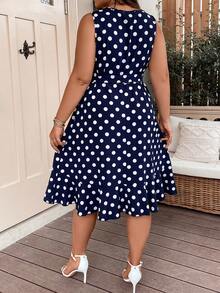 SHEIN Frenchy Plus Polka Dot Print Knot Side Ruffle Trim Wrap Dress - Navy Blue - View 3