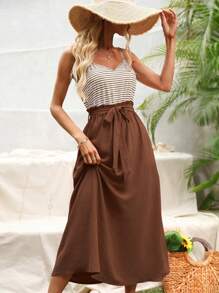 Breezaya Đầm Thắt lưng Quần paper-bag Sọc Giải trí - màu nâu - Xem 1