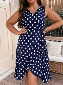 SHEIN Frenchy Plus Polka Dot Print Knot Side Ruffle Trim Wrap Dress - Navy Blue - View 1