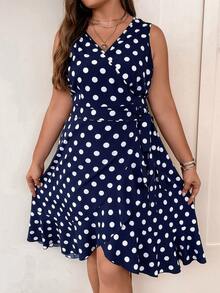 SHEIN Frenchy Plus Polka Dot Print Knot Side Ruffle Trim Wrap Dress - Navy Blue - View 4
