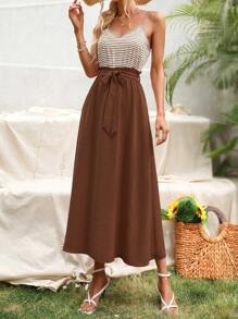 Breezaya Đầm Thắt lưng Quần paper-bag Sọc Giải trí - màu nâu - Xem 3