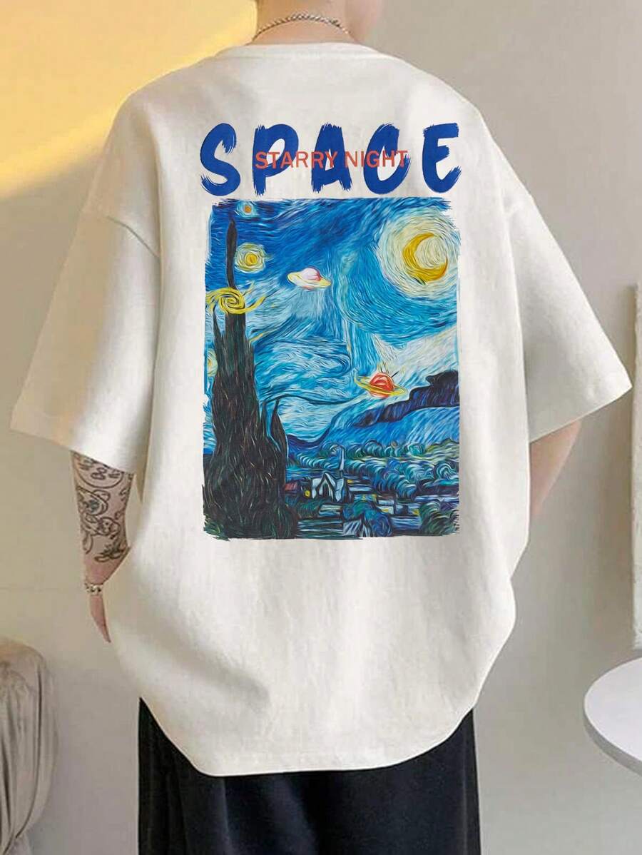 Manfinity VCAY 宽松版型男士棉质字母图案圆领休闲 T 恤 - 白色 - 查看 1