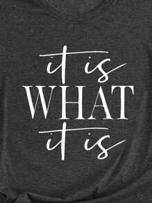 INAWLY Áo thun họa tiết khẩu hiệu Plus, It Is WHAT It Is, Áo thun nữ mùa hè - Màu xám đen - Xem 3