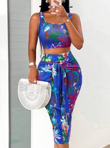 SHEIN SXY 熱帶圖案短款背心和前打結半身裙 - 藍色 - 查看 1