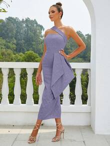單肩側垂高衩派對禮服 - 淺灰紫 - 查看 6
