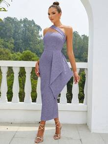 單肩側垂高衩派對禮服 - 淺灰紫 - 查看 8