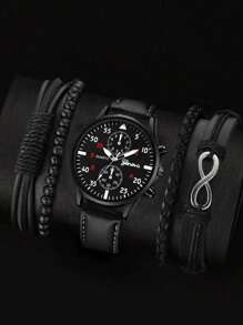 1 Miếng Đen PU Polyurethane Dây đeo Giải trí Tròn Quay số đồng hồ Quartz & 4pcs Vòng tay , Đối với Cuộc sống hàng ngày - màu đen - Xem 1