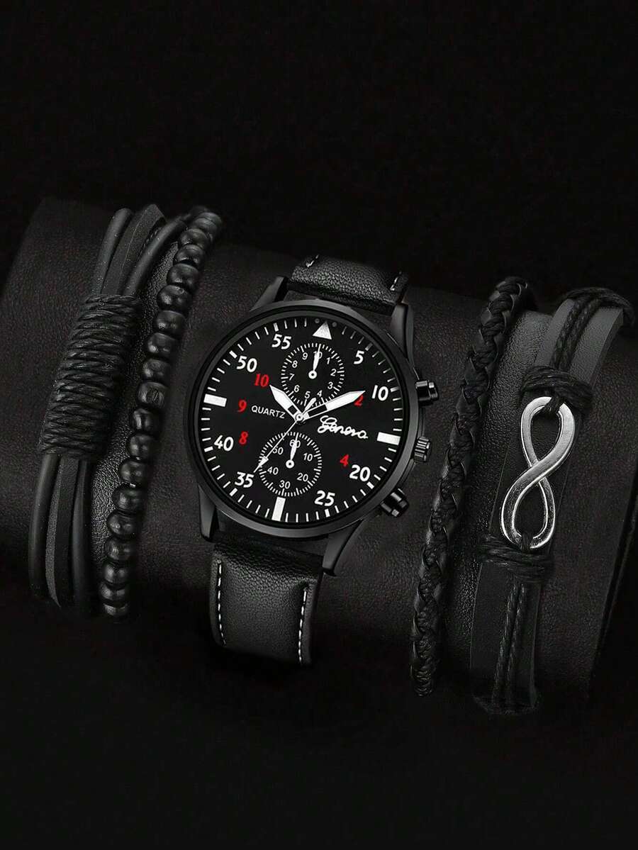1 Miếng Đen PU Polyurethane Dây đeo Giải trí Tròn Quay số đồng hồ Quartz & 4pcs Vòng tay , Đối với Cuộc sống hàng ngày - màu đen - Xem 1