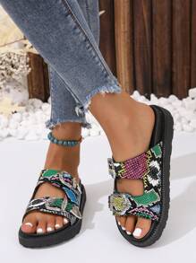 Women Snakeskin Embossed Wedge Slide Sandals, Funky Summer Sandals - Multicolor - View 1