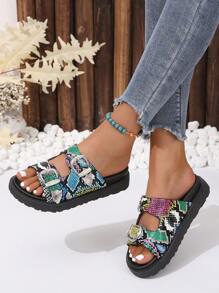 Women Snakeskin Embossed Wedge Slide Sandals, Funky Summer Sandals - Multicolor - View 2