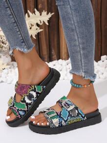 Women Snakeskin Embossed Wedge Slide Sandals, Funky Summer Sandals - Multicolor - View 3