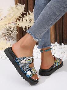 Women Snakeskin Embossed Wedge Slide Sandals, Funky Summer Sandals - Multicolor - View 4
