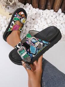 Women Snakeskin Embossed Wedge Slide Sandals, Funky Summer Sandals - Multicolor - View 5
