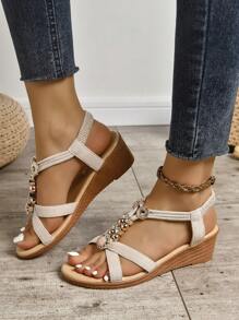 Women Rhinestone Decor Slingback Wedge Sandals, Vacation Faux Suede Sandals - Beige - View 2