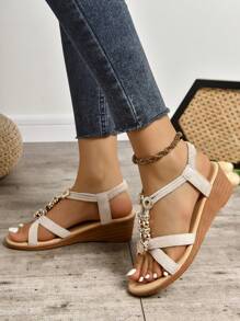 Women Rhinestone Decor Slingback Wedge Sandals, Vacation Faux Suede Sandals - Beige - View 4