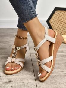 Women Rhinestone Decor Slingback Wedge Sandals, Vacation Faux Suede Sandals - Beige - View 5