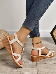 Women Rhinestone Decor Slingback Wedge Sandals, Vacation Faux Suede Sandals - Beige - View 6