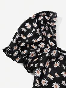 Soleia 雛菊印花前打結泡泡袖緊身洋裝