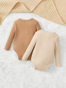 SHEIN Bé sơ sinh Unisex Đơn giản, Thoải mái, Thời trang, Đơn giản & Thiết thực, Bộ đồ liền thân dài tay được trang trí nút đa năng, có cả màu be và kaki, 2 cái/bộ, cho mùa thu - Nhiều màu - Xem 2