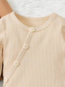 SHEIN Bé sơ sinh Unisex Đơn giản, Thoải mái, Thời trang, Đơn giản & Thiết thực, Bộ đồ liền thân dài tay được trang trí nút đa năng, có cả màu be và kaki, 2 cái/bộ, cho mùa thu - Nhiều màu - Xem 4