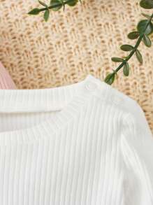 SHEIN 嬰兒男女嬰通用休閒舒服時尚簡約風柔軟實際可愛羅紋白色粉色灰色綠色長袖上衣套裝3 - 彩色 - 查看 3