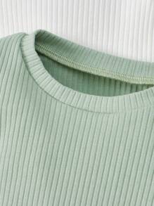 SHEIN 嬰兒男女嬰通用休閒舒服時尚簡約風柔軟實際可愛羅紋白色粉色灰色綠色長袖上衣套裝3 - 彩色 - 查看 4