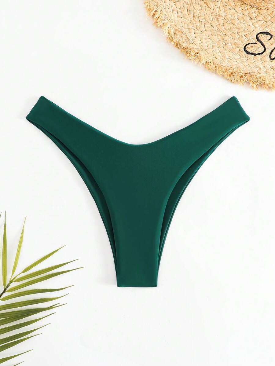 SHEIN Swim 條紋針織高衩泳衣下裝 - 墨綠色 - 查看 1