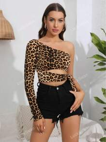 Leopard Print One Shoulder Tie Side Crop Tee