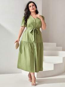 Mulvari 大碼前紐扣腰帶荷葉邊連衣裙 - 綠色 - 查看 1