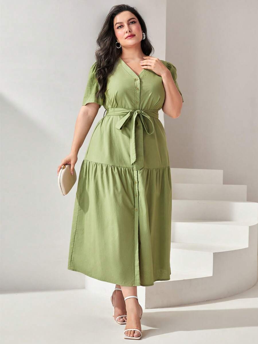 Mulvari 大碼前紐扣腰帶荷葉邊連衣裙 - 綠色 - 查看 1