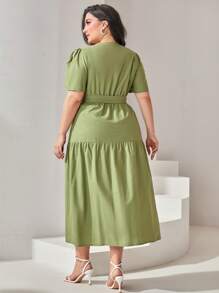 Mulvari 大碼前紐扣腰帶荷葉邊連衣裙 - 綠色 - 查看 2