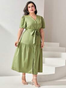 Mulvari 大碼前紐扣腰帶荷葉邊連衣裙 - 綠色 - 查看 6
