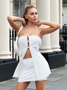 SHEIN Privé Bộ đồ hai mảnh nữ Cắt ra Chia màu trơn Gợi cảm - trắng - Xem 1