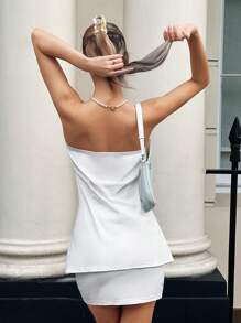 SHEIN Privé Bộ đồ hai mảnh nữ Cắt ra Chia màu trơn Gợi cảm - trắng - Xem 2